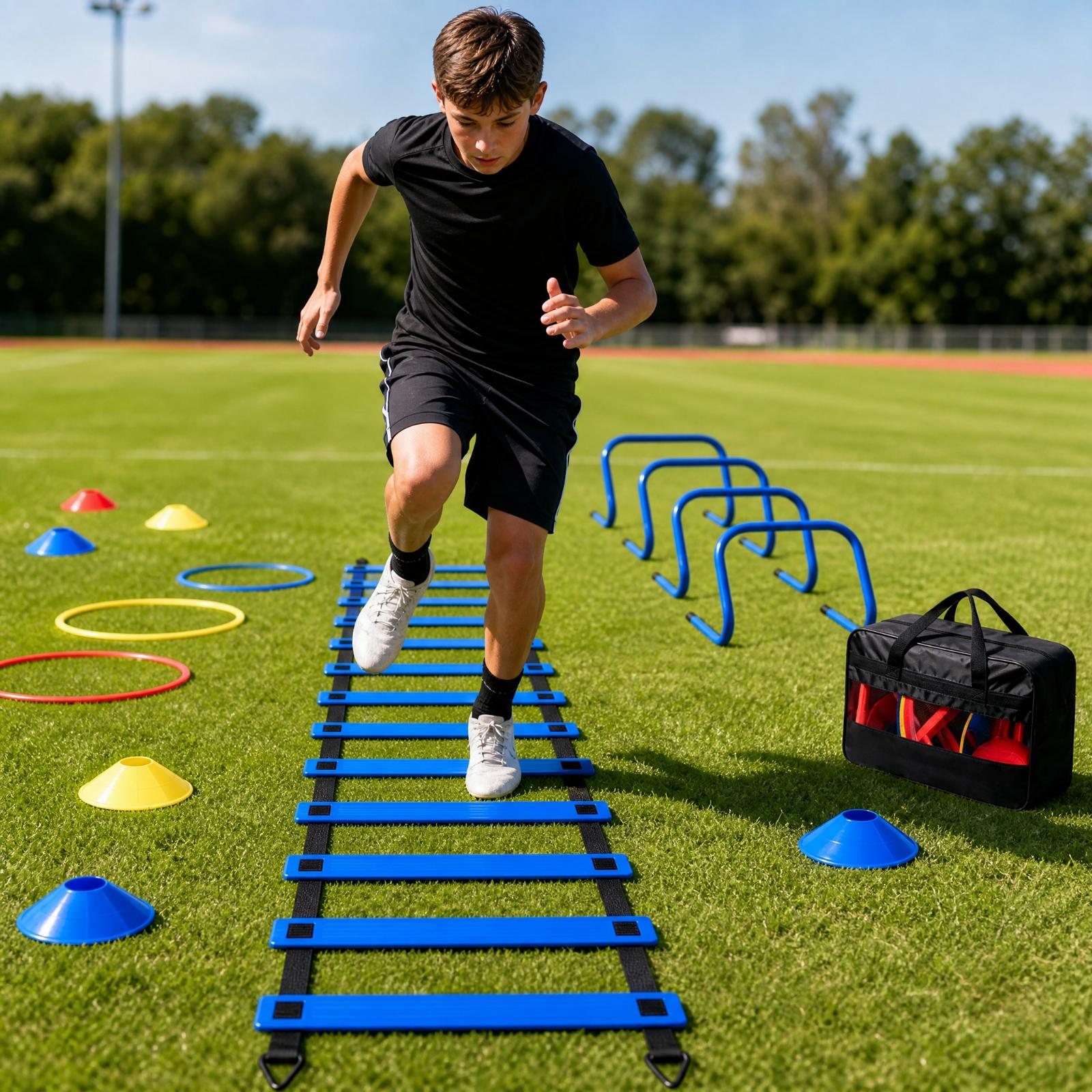 Football Training Cone - ชุดอุปกรณ์ฝึกความคล่องตัวสำหรับเด็ก ประกอบด้วยบันไดฝึกความเร็ว กรวย ห่วง และแผงกั้น สำหรับใช้ในการฝึกซ้อมฟุตบอล