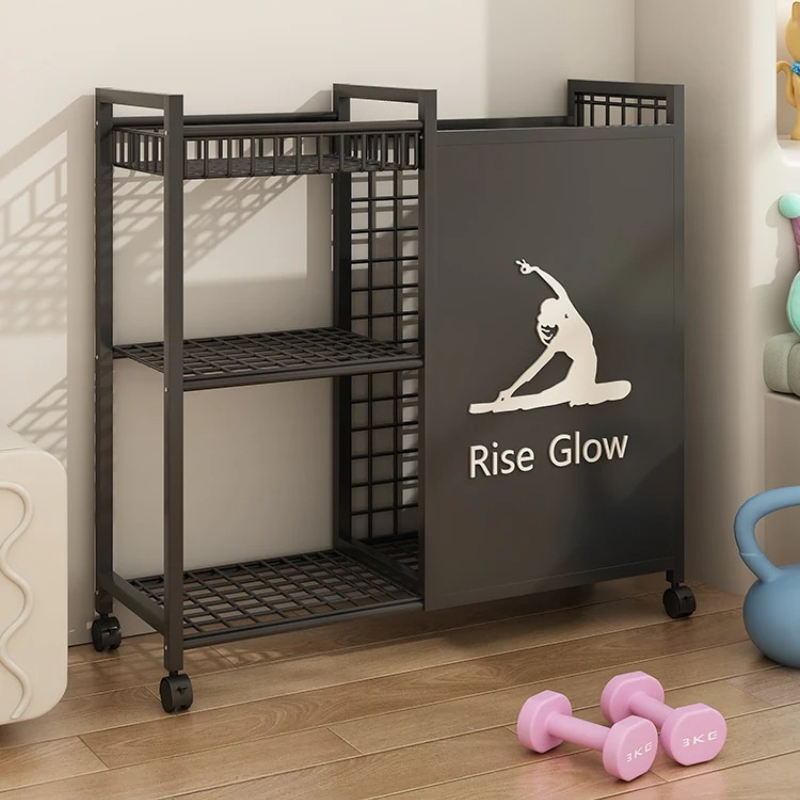 Sports Equipment Trolley - รถเข็นฟิตเนสเคลื่อนที่มีล้อ - ตู้เก็บอุปกรณ์อเนกประสงค์สำหรับยิมที่บ้าน สตูดิโอโยคะ และโรงรถ ชั้นวางอุปกรณ์แบบแข็งแรงทนทาน
